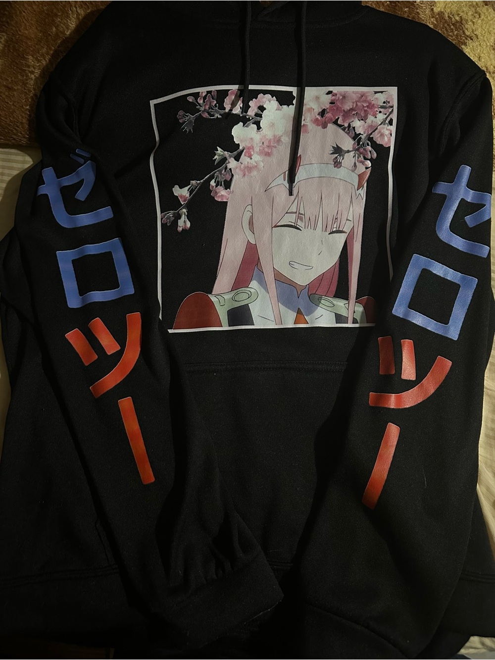 Anime Cherry Blossom Graphic Hoodie - Black with Pink Accents
